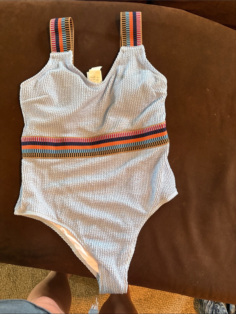 Cupshe Light Blue Textured One-Piece Swimsuit with Multicolor Striped Trim